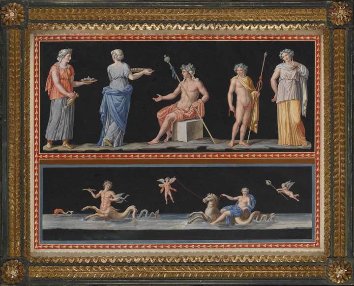 A pair of watercolours showing scenes from classical mythology on two registers